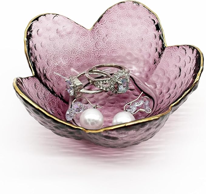 Purple Glass Jewelry Dish Tray, Birthday Gifts for Mom, Crystal Ring Holder for Women, Small Flower Ring Dish Jewlery Plate, Engagement Trinket Jewelry Tray, Nightstand Decor Jewerly Bowl