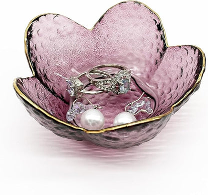 Purple Glass Jewelry Dish Tray, Birthday Gifts for Mom, Crystal Ring Holder for Women, Small Flower Ring Dish Jewlery Plate, Engagement Trinket Jewelry Tray, Nightstand Decor Jewerly Bowl