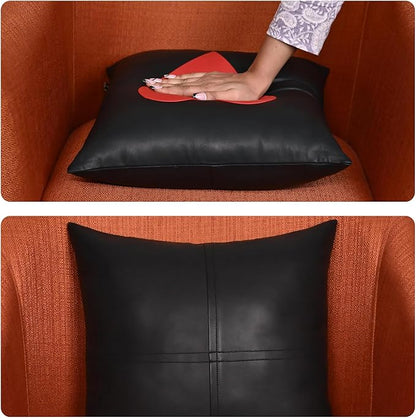 LL LEATHER LOVERS Genuine Lambskin Leather Pillow Cover, 20x20 Inch Case for Lumbar Throw Couch Pillows, Thick & Soft Cushion Covers for Sofa Bed Home Décor (Red Heart & Black Plain Pack of 1)