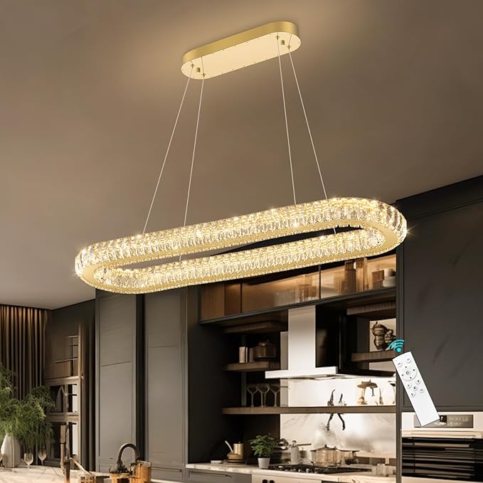 LED Ring Chandelier Oval Rings Pendant Lights for Dining Table Kitchen Island Remote Dimmable Hanging Light Chandeliers for Entryway Living Room Crystal Lighting Gold