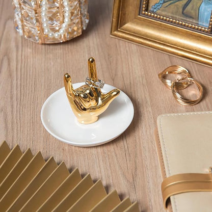 I LOVE YOU Hand Ring Holder Dish Ceramic Jewelry Holder Dish Trinket tray for Rings Earrings Necklace Organizer, Engagement Wedding Ring Holder, Christmas Birthday Gifts (Golden)