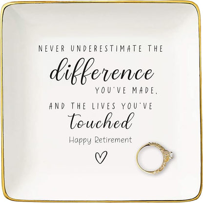 NZY Retirement Gifts for Woman,Never Underestimate,Happy Retirement Appreciation Gift for Women,Coworker,Boss,Nurse,Teacher,Friend,Mom-Ceramic Jewelry Tray Trinket Holder Ring Dish