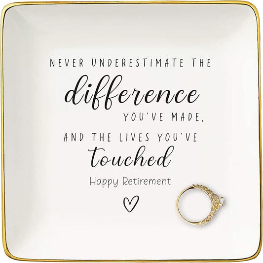 NZY Retirement Gifts for Woman,Never Underestimate,Happy Retirement Appreciation Gift for Women,Coworker,Boss,Nurse,Teacher,Friend,Mom-Ceramic Jewelry Tray Trinket Holder Ring Dish
