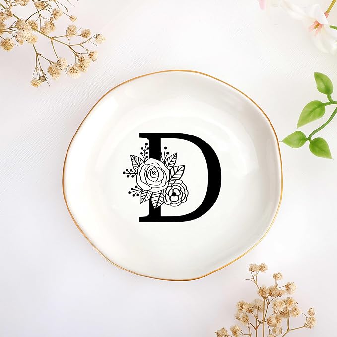 JoycuFF Initial D Ceramic Jewelry Tray, Bridesmaid Bride Gifts, Mothers Day Christmas Anniversary Engagement Birthday Gifts for Women Couples, Trinket Dish for Rings Earrings Necklaces Bracelets Keys