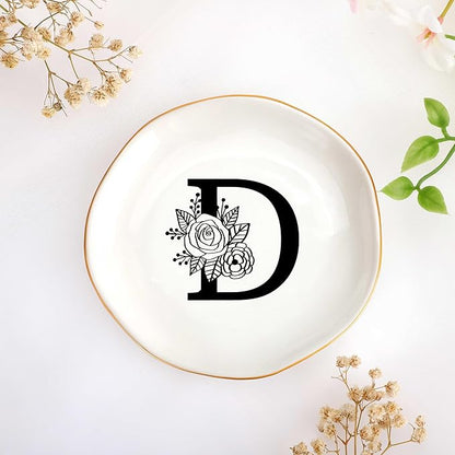 JoycuFF Initial D Ceramic Jewelry Tray, Bridesmaid Bride Gifts, Mothers Day Christmas Anniversary Engagement Birthday Gifts for Women Couples, Trinket Dish for Rings Earrings Necklaces Bracelets Keys