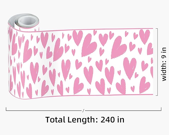 FLFK Pink Heart Wallpaper Border - Peel and Stick Wall Paper, Self Adhesive Removable PVC Borders Sticker, Modern Waterproof Trim for Home Decor, 9" x 240"