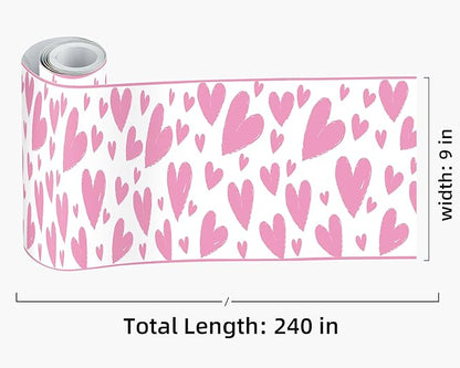 FLFK Pink Heart Wallpaper Border - Peel and Stick Wall Paper, Self Adhesive Removable PVC Borders Sticker, Modern Waterproof Trim for Home Decor, 9" x 240"