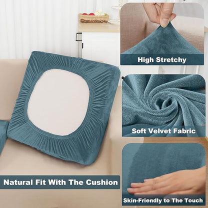 NAISI Sectional Couch Cover 4 Pieces Velvet Separate Couch Cushion Covers L Shape Soft Stretch Sofa Slipcovers with 2pcs Pillowcases for Left/Right Chaise Sectional Couch(3 Seater+1 Chaise,Teal)