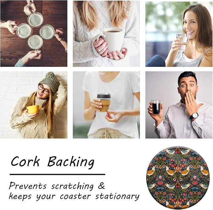 Coasters Set of 6 Strawberry Thief Pattern Ceramic Drink Coaster with Cork Base Modern Style Coasters for Mugs and Cups Office Kitchen 4 in