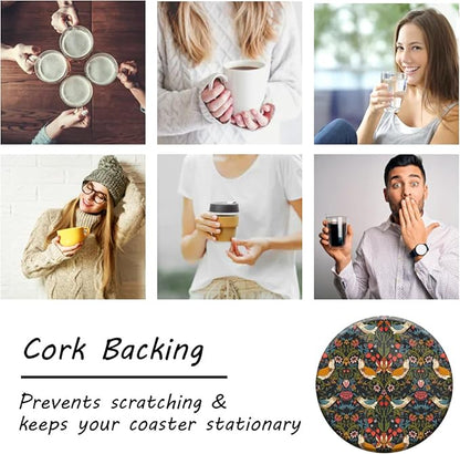 Coasters Set of 6 Strawberry Thief Pattern Ceramic Drink Coaster with Cork Base Modern Style Coasters for Mugs and Cups Office Kitchen 4 in
