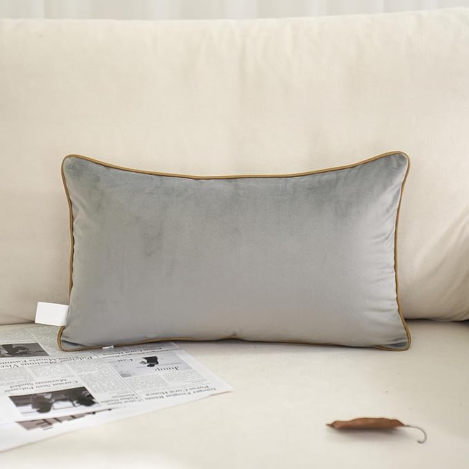 Aeckself Pack of 2 Luxury Velvet Gray Lumbar Pillow Covers 12 x 20 Inch, Modern Decorative Pillowcase with Gold Trim Edge, Comfortable Soft Solid Cushion Case for Couch Bedroom Living Room