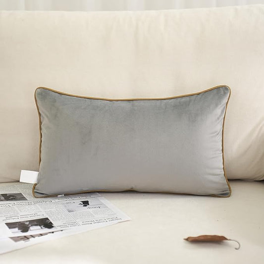 Aeckself Pack of 2 Luxury Velvet Gray Lumbar Pillow Covers 12 x 20 Inch, Modern Decorative Pillowcase with Gold Trim Edge, Comfortable Soft Solid Cushion Case for Couch Bedroom Living Room