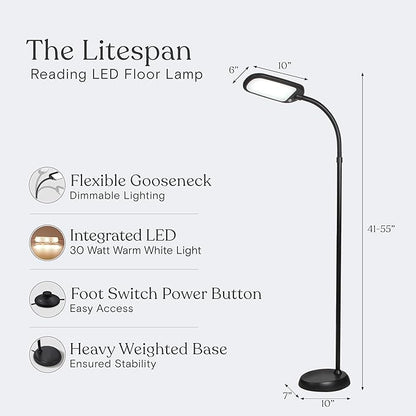 Brightech Litespan Slim LED Floor Reading Lamp - Tall with Adjustable Gooseneck, Dimmable for Living Rooms, Offices & Bedrooms - Black
