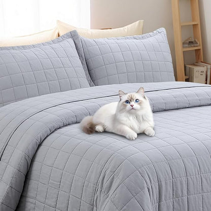 Quilt Queen Size Bedding Sets - 100% Cotton Lightweight Luxury Comforter Set, Full Size Stitching Bedspreads Coverlet with 2 Pillowcase Suit for All Season, Grey