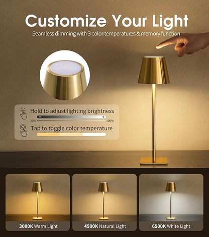UME 6 Pack Cordless Table Lamp, Battery Operated Lamp - Portable Waterproof Rechargeable Table Lamp w/ 3 Color Temps & Stepless Dimming for Dinner, Desk, Cafe, Outdoor (Brushed Gold)