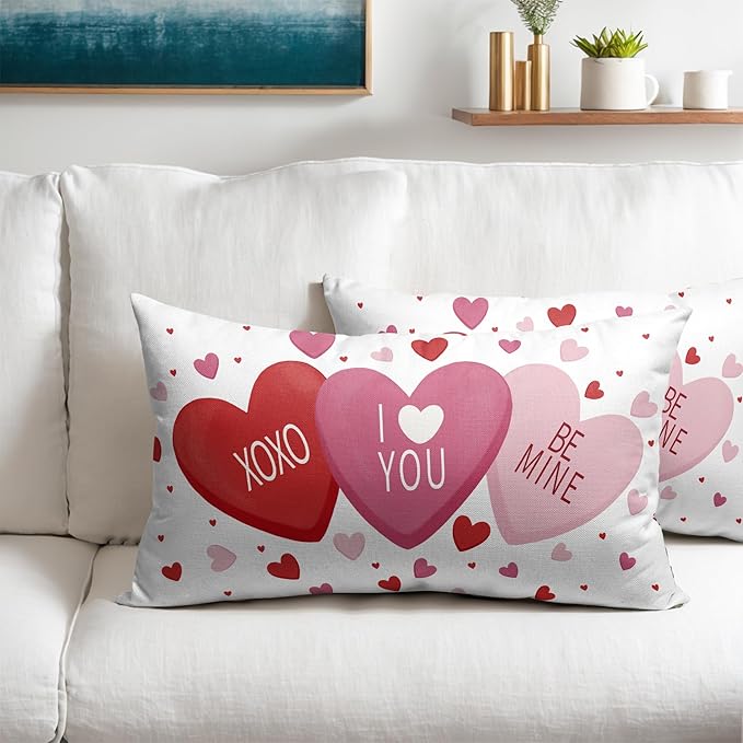 Valentines Day Pillow Covers 12x20 Set of 2 White Pink Heart Throw Pillow Covers Love Pillowcase Linen Decoration Farmhouse Holiday Cozy Soft Cushion Case Couch for Indoor Outdoor Home Decor