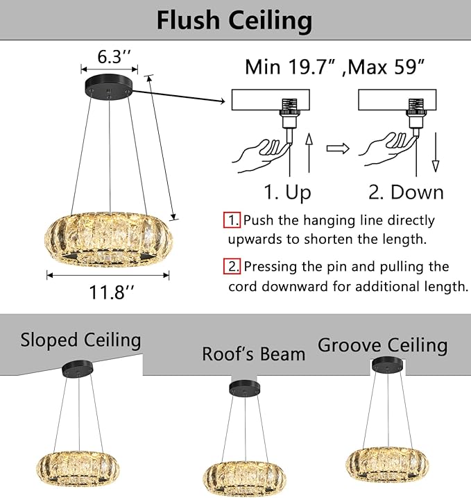 Crystal Round Chandelier Modern LED Dining Pendant Lights for Kitchen Island Dining Room Remote Dimmable Hanging Light Entrance Bedroom Lighting Black