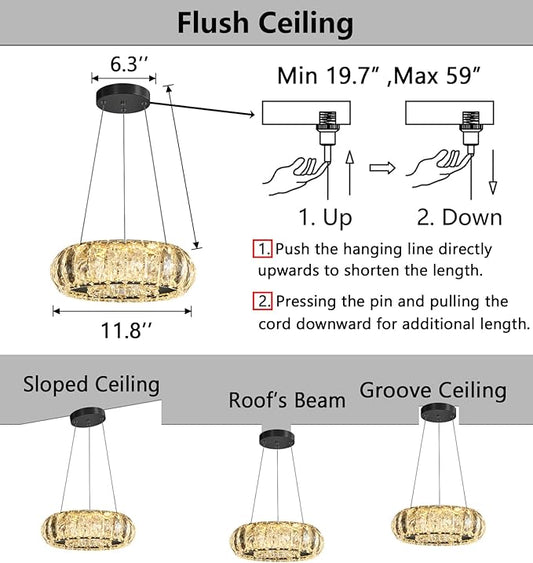 Crystal Round Chandelier Modern LED Dining Pendant Lights for Kitchen Island Dining Room Remote Dimmable Hanging Light Entrance Bedroom Lighting Black
