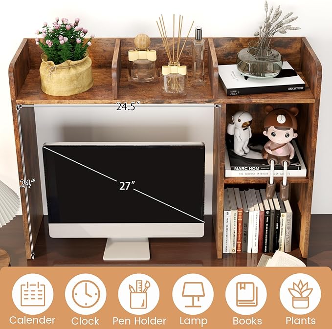 Desktop Bookshelf, 3-Tier Wood Countertop Bookcase with 5 Shelves, Desk Hutch for College Dorm, Multipurpose Desk Organizer Shelf Display Rack for Home Office, Hutch Top Only