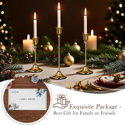 Gold Candlestick Holders Set of 3, Weighted, Metal Taper Candle Stick Holders, Vintage Christmas Brass Home Decor for Table, Mantel, Room Decorations Housewarming Gift Gold-3