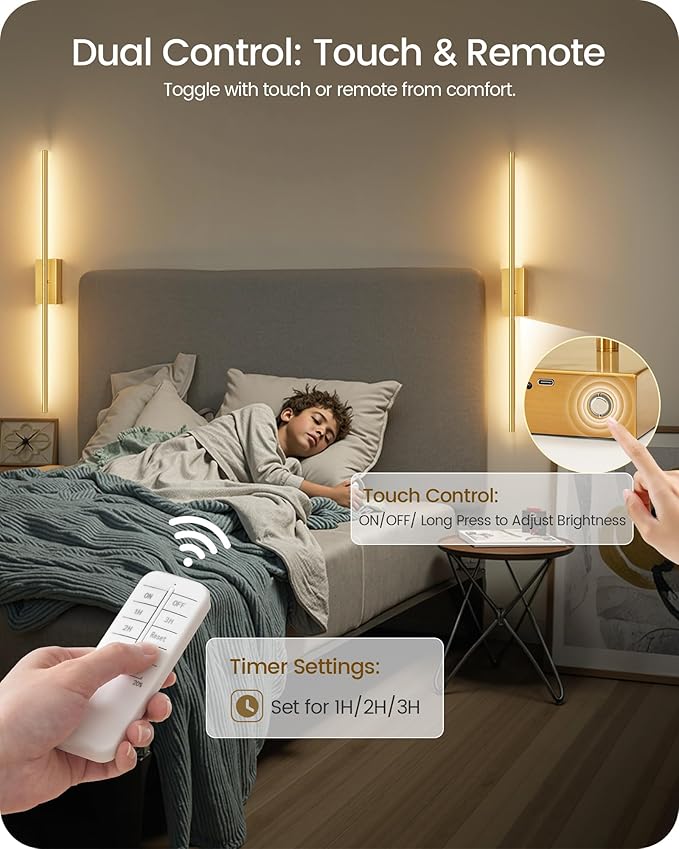 34.6" Wireless Battery Operated Wall Sconces Set of Two,Rechargeable Lamp with Remote, 360° Rotation, 10000mAh Battery, Touch Dimmable Lights for Living Room Hallway Bedroom, Gold D05YBP205