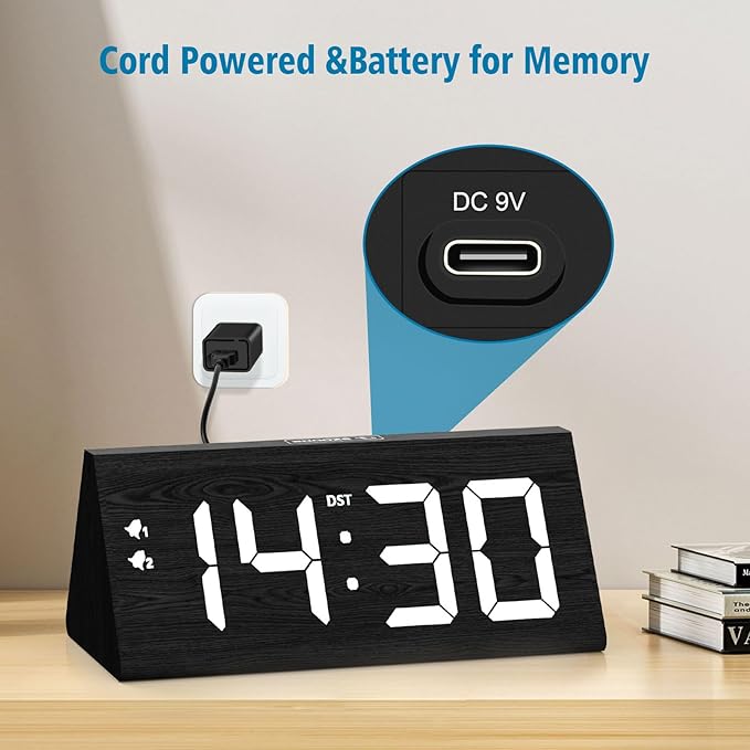 Wooden Digital Alarm Clock with Dual USB Charging Ports, DST, Dimmable, Snooze, Modern Large Time Display LED Clock for Kids Bedrooms, Living Room, Desk, Table, Bedside, Nightstand (Black)