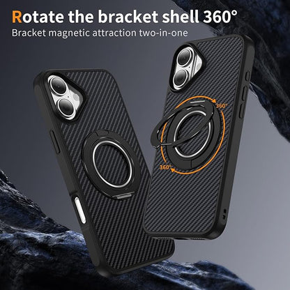 Mag-Stand Carbon Fiber Case for iPhone 17, 360° Rotate Magnetic Stand, Compatible with MagSafe, 15FT Military Protection, Slim Shockproof Magnetic Kickstand Mag Phone Case for Men Women Black