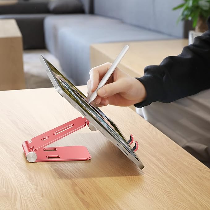 OMOTON Foldable Cell Phone Stand, C4 Portable Aluminum Phone Holder, Adjustable Phone Dock Cradle Compatible with iPhone 17/16/15 Pro Max Air, Samsung Galaxy, Small Tablets and Other Phones, Red