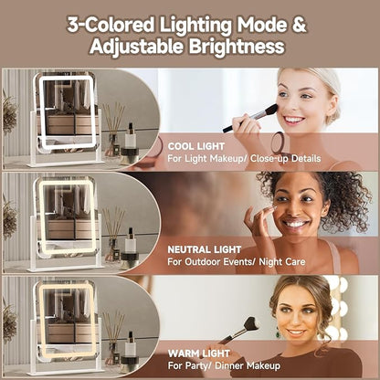 PRIMETEK Vanity Mirror with Lights, 16"x14" Large LED Lighted Makeup Mirror, Hollywood Makeup Mirror, Touch Screen, 3-Color Lighting, 5X Magnification, for Vanity Desk Tabletop, Bedroom, White