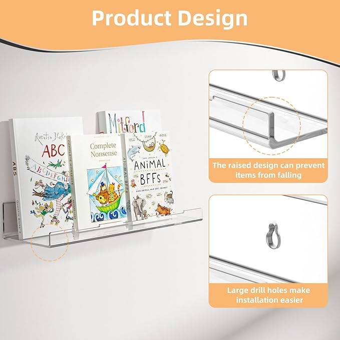Optish 8 Pack Acrylic Shelves, 12" x 3.7" Clear Shelves for Wall, Nail Polish Rack, Floating Shelves Bathroom, Perfume Hanging Shelf for Figures, Bedroom Decor