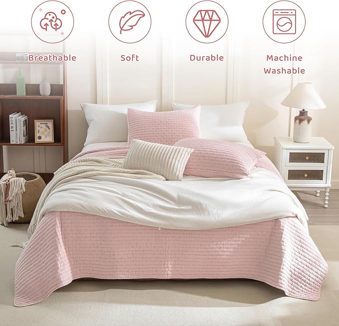 Sanracie Stonewashed Cotton Coverlet Oversized King(128"x120"), Light Pink Ultra Soft Crinkle Extra Large Wide Oversized Quilt Sets Lightweight Cross Stitch Bedspread Set 3Pcs for All Season