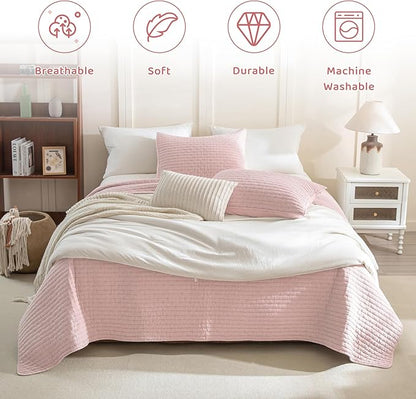 Sanracie Stonewashed Cotton Coverlet Oversized King(128"x120"), Light Pink Ultra Soft Crinkle Extra Large Wide Oversized Quilt Sets Lightweight Cross Stitch Bedspread Set 3Pcs for All Season