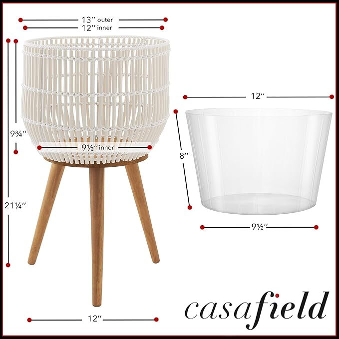 Casafield Indoor Planter with Stand, White Floor Planter with Wood Legs, Large Plant Pot Cover with Liner for Houseplants, Flower Pots and Trees