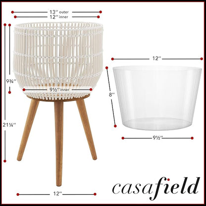 Casafield Indoor Planter with Stand, White Floor Planter with Wood Legs, Large Plant Pot Cover with Liner for Houseplants, Flower Pots and Trees