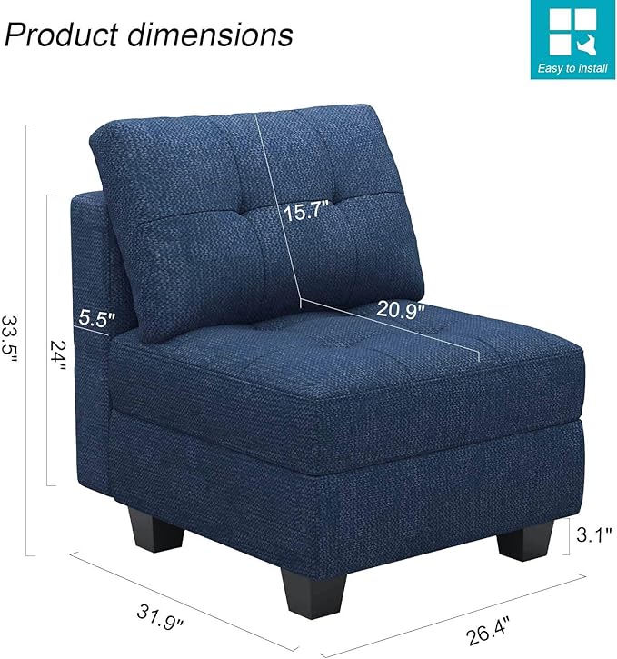 Belffin Middle Module Seat for Modular Sofa Sectional Couch with Storage Accent Armless Sofa Chair Modern Fabric Blue