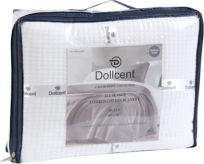 DOLLCENT 100% Cotton Queen Size Blanket for Bed, Premium Soft Combed Lightweight Blankets, Washed Breathable Cozy Bed Throw Blanket, White Queen Cotton Blankets for All Season: White (90"x90")