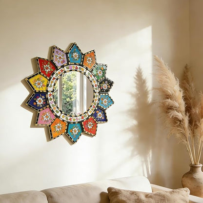 Sunflower Mirror - Vibrant 16-Petal Boho Circle Wall Decor, Small Decorative Floral Mirror Art for Living Room, Wood & Acrylic Mirror（2D Printed）