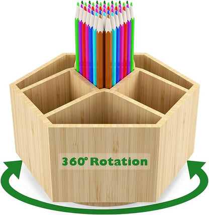 Bamboo Art Supply Organizer, Back to School Supplies, Hold 350+ Pencils, Rotating School Supplies Holder for Pen, Colored Pencil, Art Brushes, Desktop Storage Caddy for Classroom & Art Studio