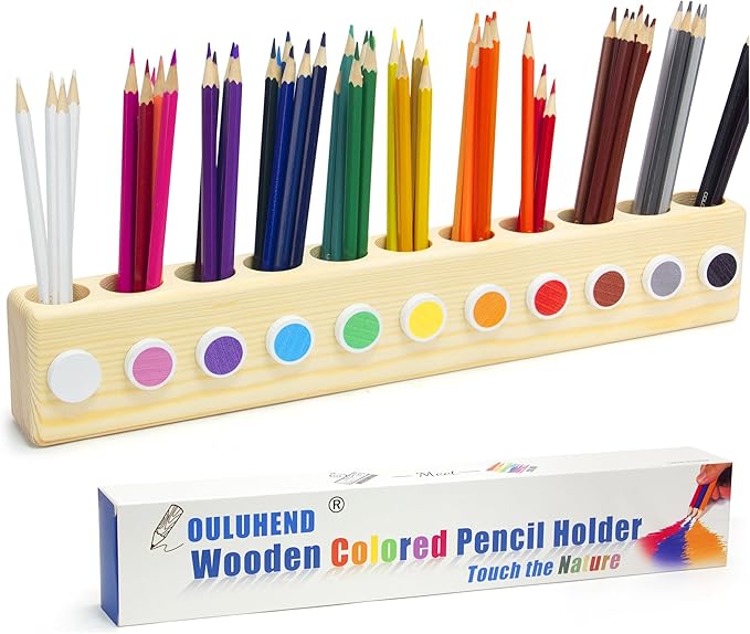 11-Hole Wooden Colored Pencil Organizer - Solid Montessori Storage Holder for Kids, Students, Artists & Teachers