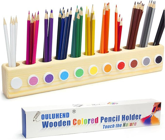 11-Hole Wooden Colored Pencil Organizer - Solid Montessori Storage Holder for Kids, Students, Artists & Teachers