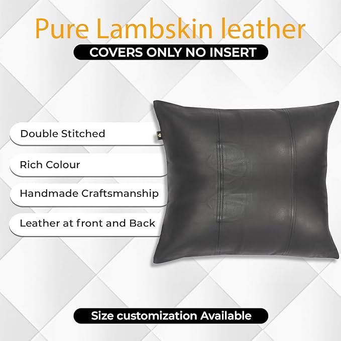 LL LEATHER LOVERS Lambskin Leather Pillow Cover - Sofa Cushion Case - Decorative Throw Covers for Living Room & Bedroom, 20x20 Inches - Black Pack of 2