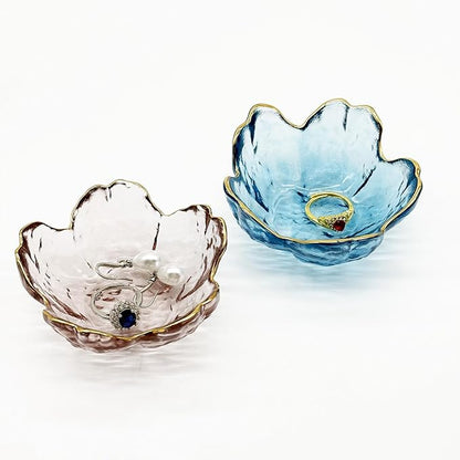 Small Jewelry Dish Tray, Flower Ring Holder, Nightstand Decor Glass Trinket Plate, Crystal Jewlery Bowl for Earrings, Engagement Gifts (Pink)