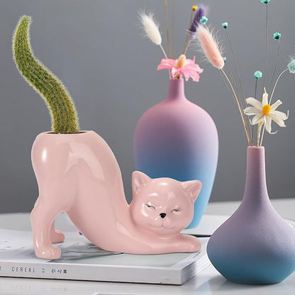 TOIVO Cat Planter Pot，Indoor and Outdoor Plant Displays，Funny Ceramics Cat Flower Pot，Gifts for Cat Lovers，Lovely Office Desk Room Home Decor (Pink, Small)