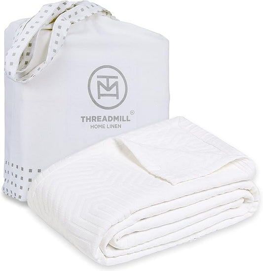 Threadmill Luxury Cotton Blankets for King Size Bed | All-Season Cozy 100% Cotton King Size Blanket | Aster Jacquard Soft & Lightweight Coverlet fits California King, 104x92 | White