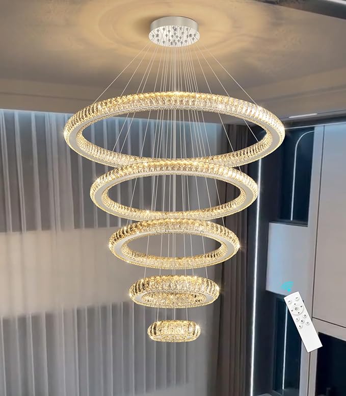 Modern Chandelier 8"+16"+24"+32"+40" 5 Rings Crystal LED Dimmable Lighting Foyer Entryway High Ceiling Living Room Chanderliers Pendant Lights Fixtures Silver Light
