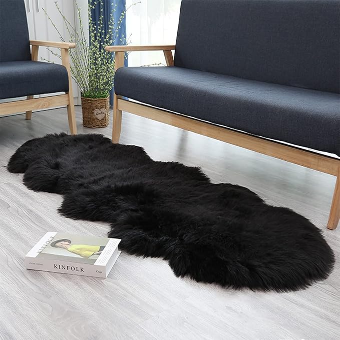 Faux Fur Rug Runner 2x6 ft Black - Machine Washable Super Soft Plush Shaggy Fluffy Area Carpet,Sheepskin Rug Fuzzy Floor Mat for Bedroom, Sofa,Living Room, Bedside, Nursery & Kids Room