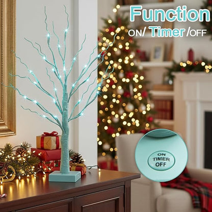 PEIDUO Blue-Green Trees Decor for Home, 2PK Tree Light Battery Powered Timer, Lighted Christmas Decorations Indoor, for Home Bedroom Living Room Fireplace Wedding Party New Year's Day and Christmas