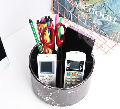 Round Leather Art Supply Organizer,Remote Control Holder,360-degree Rotating Pen Organizer with 4 Compartments(1-Marble Black Silver)