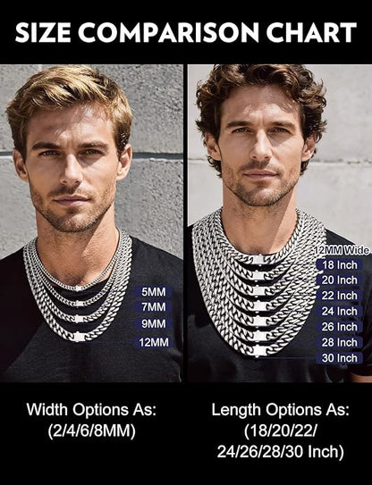 Bandmax Mens Stainless Steel Chain Necklaces 5/7/9/12MM Chunky Miami Cuban Link Chain Necklace Bracelet Silver/Gold Plated/Black Chains for Men 18"-30"