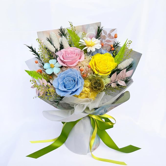HUACHIPLUS Preserved Bouquet: Fresh Flowers Bouquet-Cute Sweet Gifts for Women Wife Girlfriend Mom-Flowers for Delivery Prime on Christmas Valentines Day Anniversary Mothers Day Birthday (dopamine2)